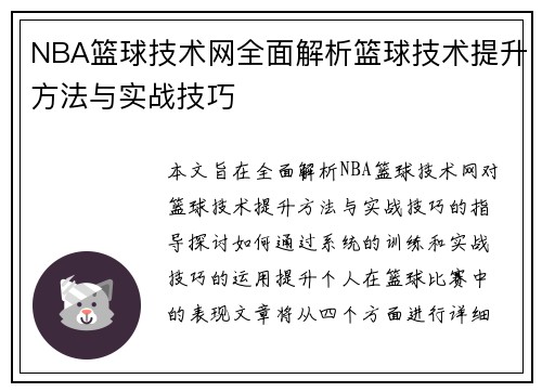 NBA篮球技术网全面解析篮球技术提升方法与实战技巧