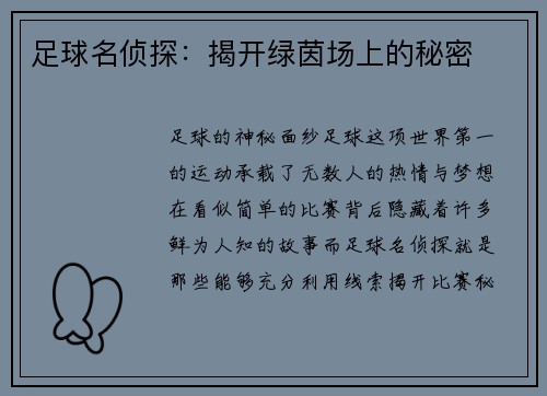 足球名侦探：揭开绿茵场上的秘密