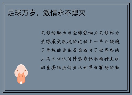 足球万岁，激情永不熄灭