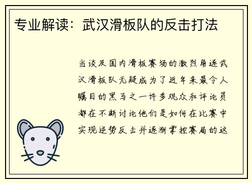 专业解读：武汉滑板队的反击打法