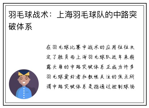 羽毛球战术：上海羽毛球队的中路突破体系