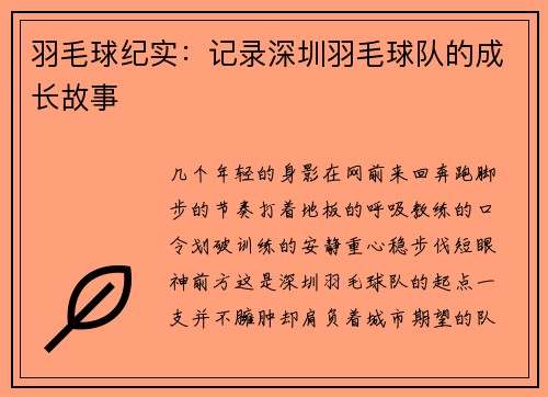 羽毛球纪实：记录深圳羽毛球队的成长故事