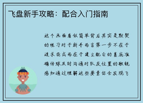 飞盘新手攻略：配合入门指南