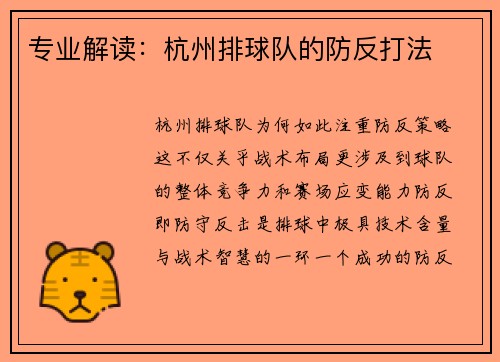 专业解读：杭州排球队的防反打法